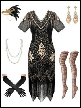 1920s Sequin Fringe Flapper Dress Costume 6-Piece Set